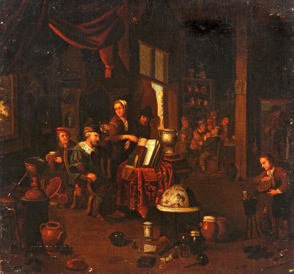 A physician examining a urine-flask. Oil painting by a follower of Gerard Thomas.
