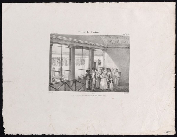 People visiting the morgue in Paris to view the cadavers. Lithograph by A. Boblet, 1833, after Cour (?).