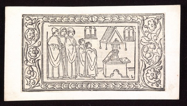 A choir of three men and two boys singing from a book which is on a lectern. Woodcut, ca. 1500.