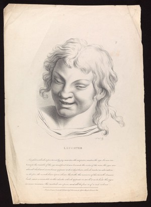 view A woman laughing. Lithograph by P. Simonau, 1822, after C. Le Brun.