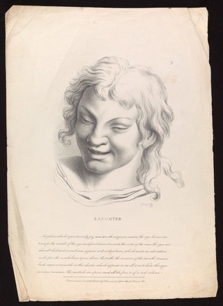A woman laughing. Lithograph by P. Simonau, 1822, after C. Le Brun.