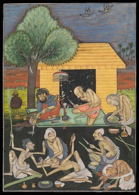 Ascetics preparing and smoking opium outside a rural dwelling in India. Gouache painting by Kavala, 18--.