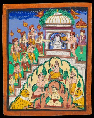 Pilgrims with roses worship a snake shrine while a Brahmin priest and attendants pray during a snake festival. Gouache drawing.