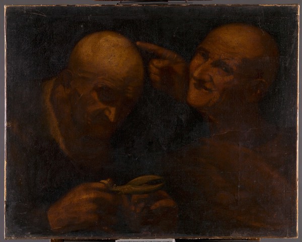 Two men, one cutting his finger-nails with a pair of scissors. Oil painting.