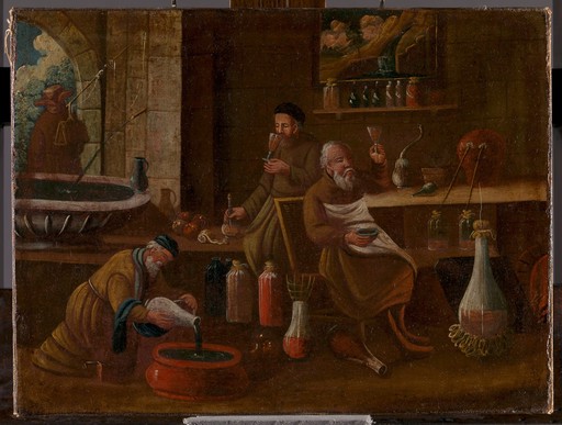 Men (monks?) making and sampling wines, spirits, medicines.