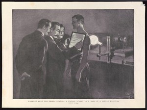 view Surgeons examining a Mauser bullet in a man's chest via the use of an X-ray. Halftone, 1900, after W. Small.