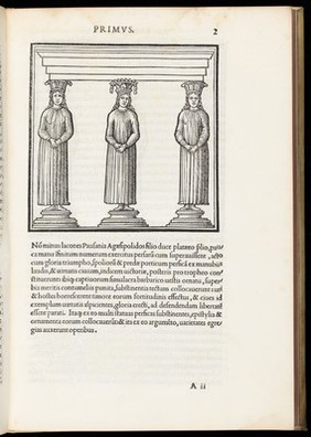 Folio 2r. Caryatid portico. Woodcut, 1511.