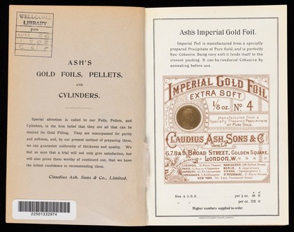 Manufacturer's catalogue for dental metals & fillings, 1908.