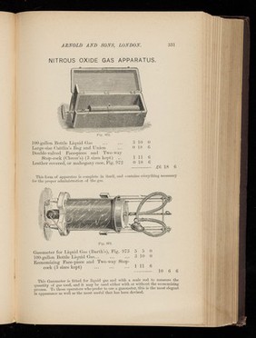 Nitrous Oxide Gas Apparatrus. Leather covered, or mahogany case, Fig. 972. Gasometer's for Liquid Gas (Barth's), Fig. 973. Page 331. 