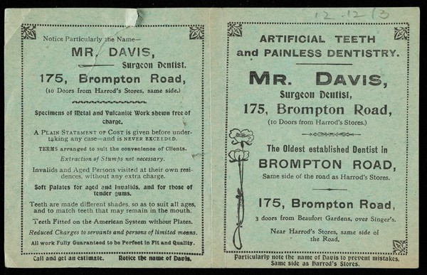 Artificial teeth and painless dentistry : Mr. Davis, 1913?