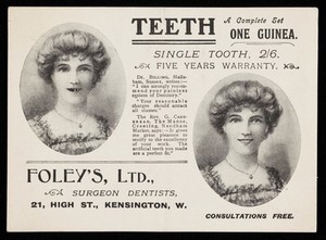 view Teeth : a complete set one guinea, 1915?