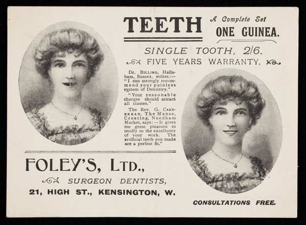 Teeth : a complete set one guinea, 1915?