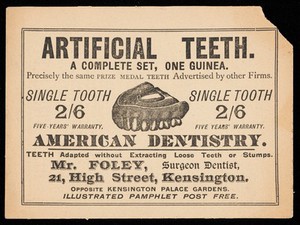 view Artificial teeth : a complete set, one guinea, 1896?