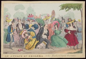 view Visitors to the gardens of the Horticultural Society of London in Chiswick, among whom is a man who rushes off believing he has an attack of the cholera. Coloured etching by H. Heath, 1831.