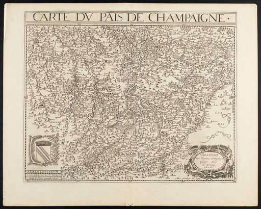 A map of the Champagne region of France. Engraving, 1616.