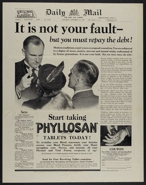 view Phyllosan: a doctor telling a couple to take Phyllosan to compensate for the stress of modern life. Halftone and letterpress, 1937.