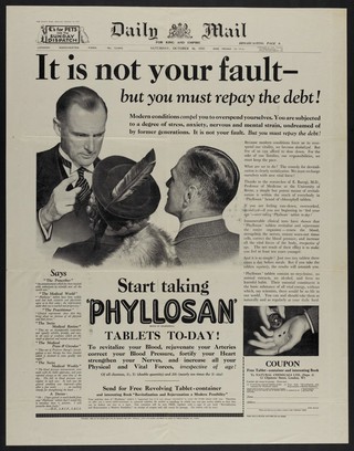 Phyllosan: a doctor telling a couple to take Phyllosan to compensate for the stress of modern life. Halftone and letterpress, 1937.