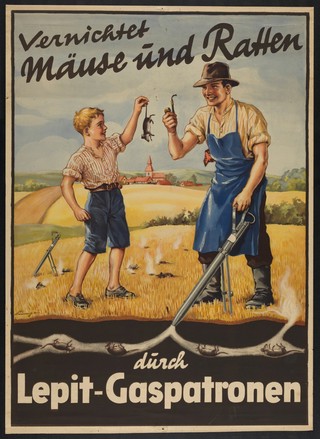 A farmer kills mice by piping a canister of of Lepit poison gas into an underground passage; advertising Lepit gas appliances. Colour lithograph by Lünge (?), ca. 192-.
