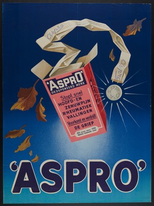 view A box of Aspro (analgesic and flu remedy) among falling autumn leaves. Colour lithograph after Damour, ca. 1930 (?).