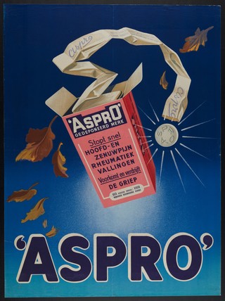 A box of Aspro (analgesic and flu remedy) among falling autumn leaves. Colour lithograph after Damour, ca. 1930 (?).