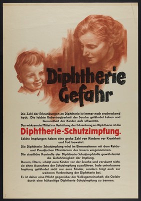 An anxious mother with her little boy; representing the danger of diphtheria. Colour lithograph, 1934 (?).