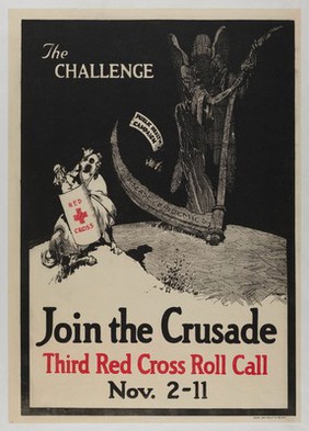 Death is challenged by a crusader representing the Red Cross; advertising the Third Red Cross Roll Call for the improvement of public health. Colour lithograph, 1919.