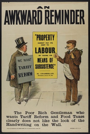 view A rich man and a workman arguing about the budget introduced by the Liberal Government in the United Kingdom. Colour lithograph after F.C. Gould, ca. 1909.