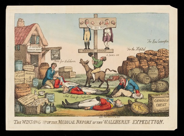 The Walcheren inquiry into the misconduct of the Army Medical Board of three, resulting in its abolition. Etching attributed to T. Rowlandson. 1810.