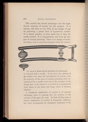 S S White Duplex Electrode for Extraction. Fig. 174, page 438, 'Dental Electricity' by Levitt E Custer, 1901.