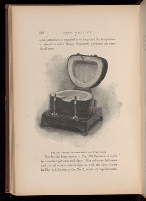 view Custer Electric Oven for Full Cases. Fig. 136, page 312,'Dental Electricity' by Levitt E Custer, 1901.