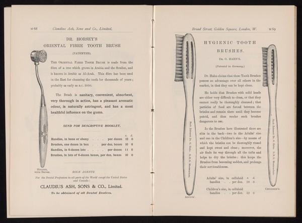 Tooth brushes in manufacturer's catalogue, 1908.