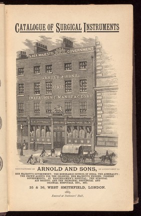 Illustration of the Arnold and Sons Instrument Manufactory, 35 and 36 West Smithfield, London. 