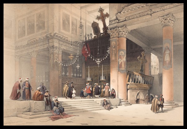 Church of the Nativity, Bethlehem: interior. Coloured lithograph by Louis Haghe after David Roberts, 1849.