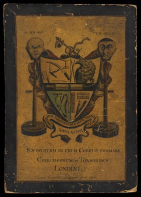 Parody coat of arms of a united company of surgeons and barbers. Drawing (?) by John Marshall, 1798.