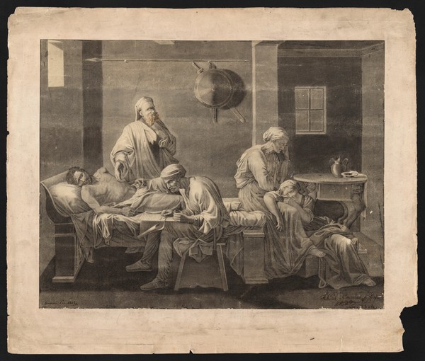 Eudamidas dictating his will on his deathbed, leaving the care of his mother and daughter to two friends. Drawing by A.-Ch. Coumeau or Courneau, 1802-1804, after N. Poussin.