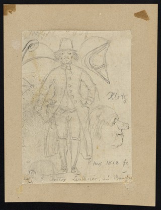 Portraits of Klotz and Johann Nepomuk Anton von Leuthner, and a caricature of a man. Drawing by P. von Hess, 1812.