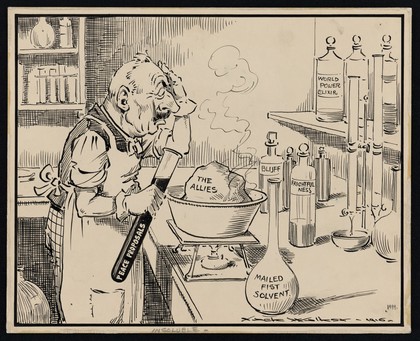World War I: the Kaiser as a chemist trying to dissolve the Allies but finding that his solvents do not work. Ink drawing by J. Walker, 1916.