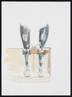 Prosthetic legs wearing a pair of trainers. Watercolour by Julia Midgley, 2012.