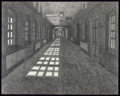 High Royds Hospital, Menston, Ilkley, Yorkshire: a corridor. Pencil drawing by Paul Digby, 2003-2004.