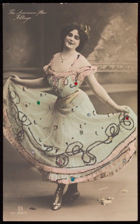 Julian Eltinge in drag. Coloured photographic postcard, ca. 1907.