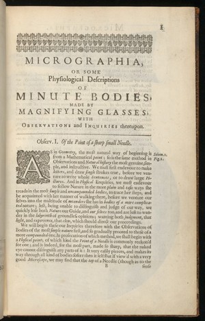 view Page 1, Micrographia, Robert Hooke, 1665.