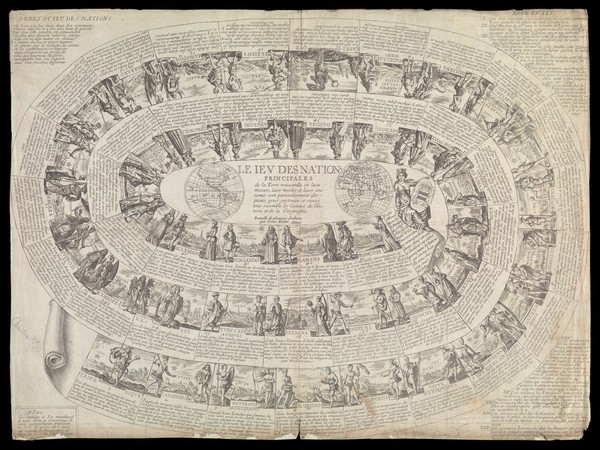 The game of goose applied to the countries of the world. Engraving by Antoine de Fer after Louis Richer.