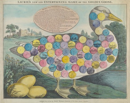 A large goose, with three golden eggs: numbered circles printed on the body of the goose for playing the game of goose. Coloured engraving.