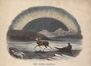 view Aurora Borealis. Coloured wood engraving by C. Whymper.