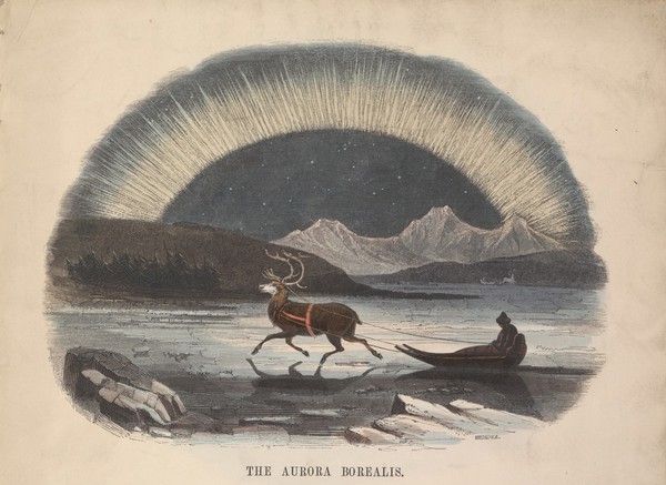 Aurora Borealis. Coloured wood engraving by C. Whymper.