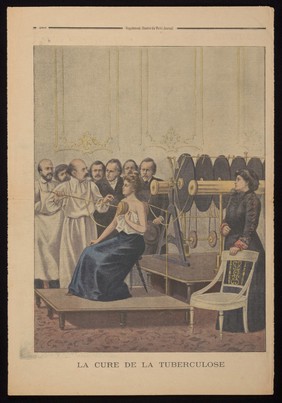 Francisque Crôtte applying his electrical remedy for tuberculosis to a seated woman. Colour process print, 1901.