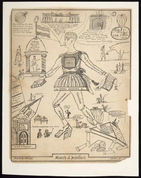 The emblematic figure of a man representing secularisation, technical innovation, educational reforms and liberal politics in the United Kingdom. Lithograph, ca. 1830.