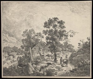 view A cottage at the junction of two roads: a waggon is driven along one of the roads, while a cowherd drives a cow along the other. Etching by J.C. Klengel, 1773.