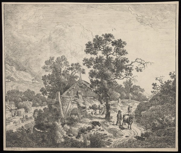 A cottage at the junction of two roads: a waggon is driven along one of the roads, while a cowherd drives a cow along the other. Etching by J.C. Klengel, 1773.