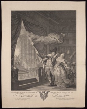 Caesar Nostradamus reveals to Marie de' Medici a vision of King Henri IV as her future husband. Etching by N. Ransonnette, 1782.